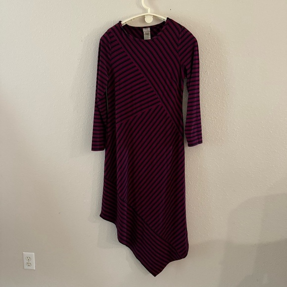 Chico's Midi Maxi Dress Stretch Lg Sleeve Asymmetric Stripe Purple/Black Sz 8 - Picture 1 of 14